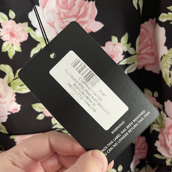 PrettyLittleThing Women Plus 16 Black Rose Print Puff Shoulder Bodycon Dress NWT - Picture 8 of 11